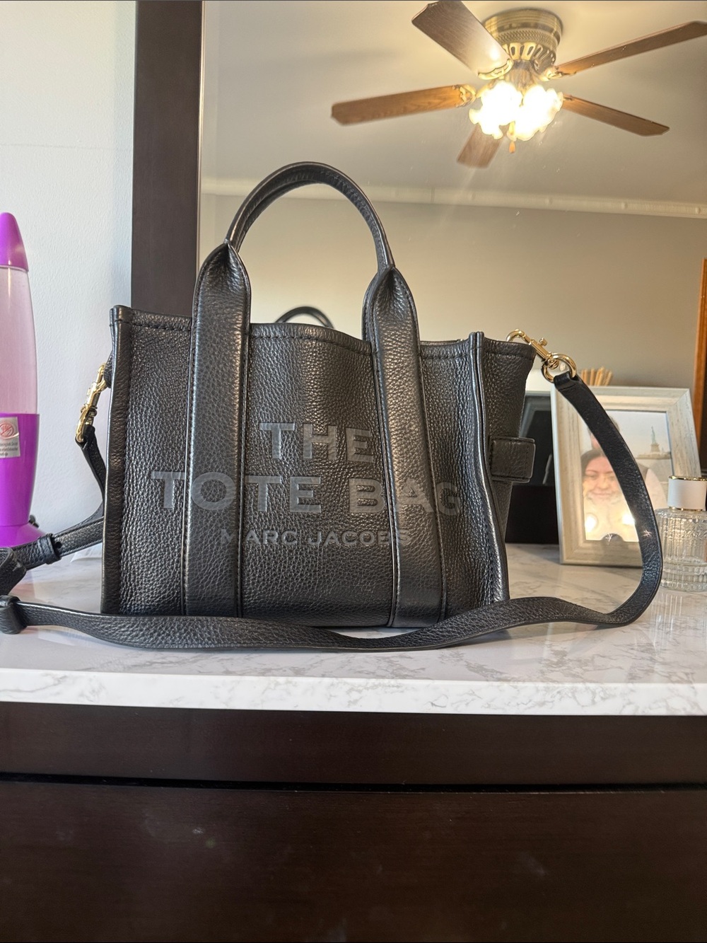 Marc Jacobs Black Pebbled Leather The Tote Bag with Strap